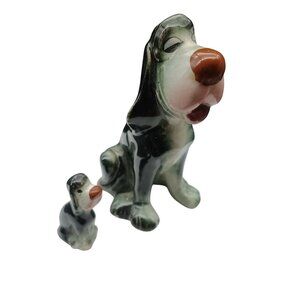 Vintage Ceramic Basset Hound Dog Figurines Set Japan Green Black